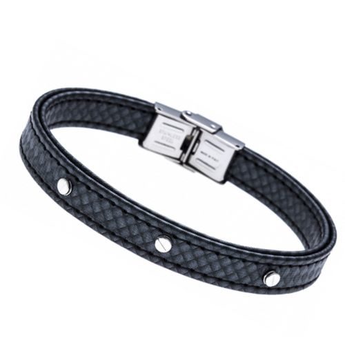 bijouterie pinto jussey hc 314 Bracelet acier et cuir synthétique surpiqure noir
