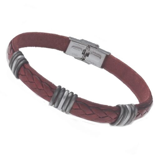 bijouterie pinto jussey hd 315 Bracelet acier et cuir italien tressé rouge