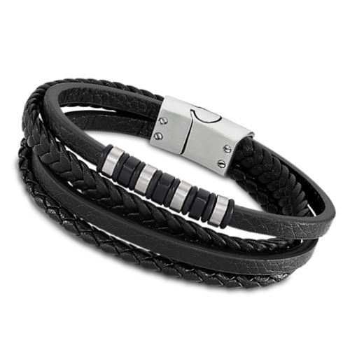 ls2101-2/1 Bracelet acier homme Lotus cuir multi rangs noir