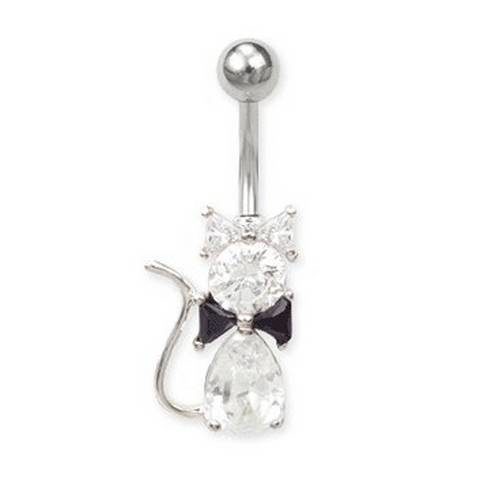 Piercing nombril Argent Chat nœud papillon noir