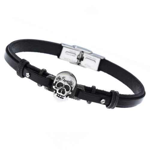 hc 326 Bracelet Homme acier et cuir italien tête de mort