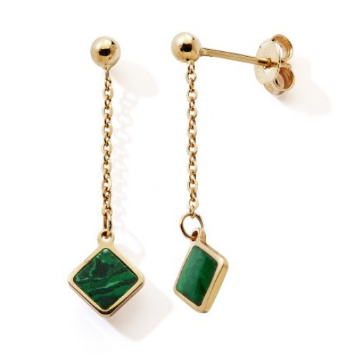 Boucles d'oreille Or 18k femme pendants mi longue Malachite pierre naturelle verte 11897