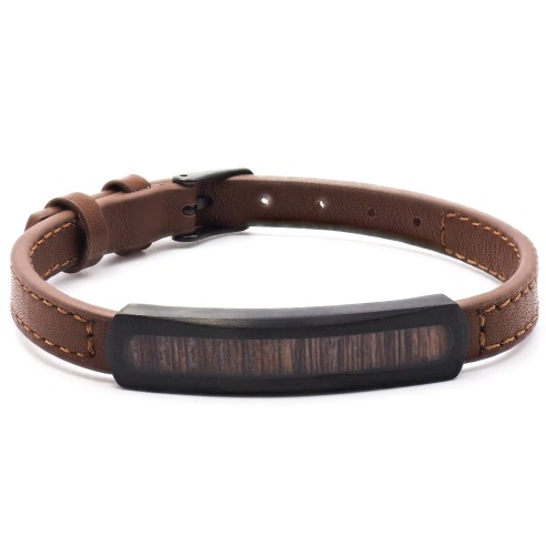 Bracelet acier Homme Cuir Bois marron et noir WS-B002