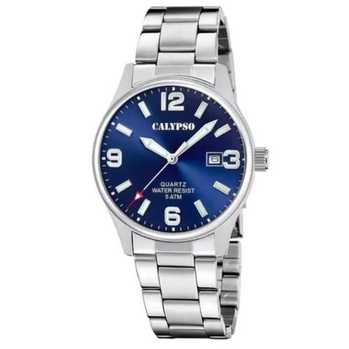 Montre Homme Calypso Acier K5860 bracelet acier métal fond bleu dateur