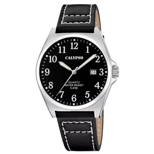Montre Homme Calypso Acier K5868 Cuir noir surpiqures cadran noir tout chiffres et dateur