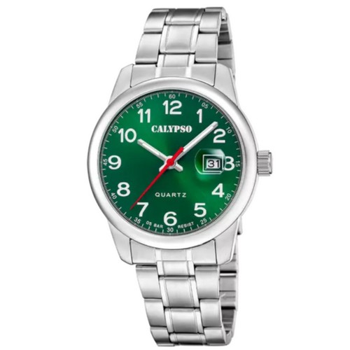 Montre Homme Calypso Acier K5872 bracelet métal acier cadran fond vert tout chiffres dateur