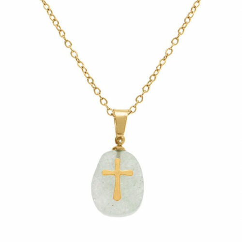 Collier Acier doré Croix Pierre Naturelle Aventurine 130853