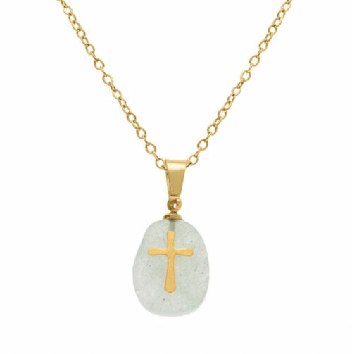 Collier Acier doré Croix Pierre Naturelle Aventurine 130853