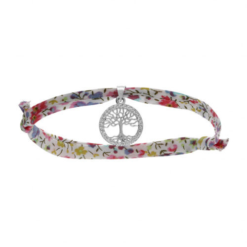 Bracelet Argent arbre Tissus coton fleuri 024472 enfant ado arbre de vie pierres brillant pendant