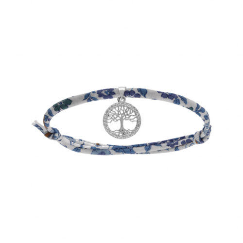 Bracelet Argent arbre Tissus coton bleu 024473 enfant ado arbre de vie pierres brillant pendant
