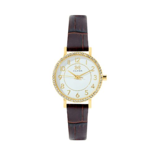 cla826dwr montre femme clyda tout chiffres pierre contour cadran blanc cuir marron