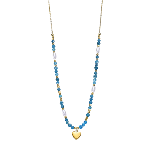 LS2553/1/1 collier lotus acier doré coeur pierre couleur bleu perle blanche imitation