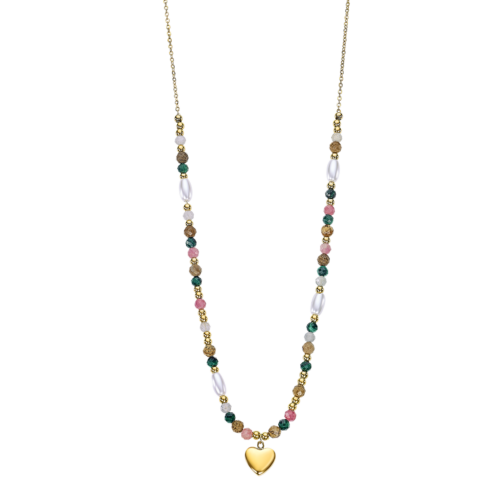 LS2553/1/1 collier lotus acier doré coeur pierre couleur marron vert rose perle blanche imitation