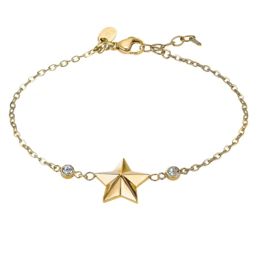 LS2558/2/2 lotus femme bracelet acier doré chaine étoile et oxyde pierre blanche. réglable
