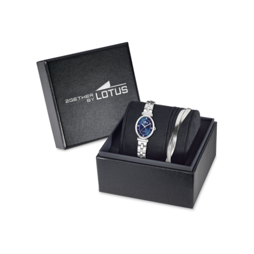 19016/2 coffret montre lotus acier cadran bleu oxyde pierre blanche bracelet serpentine acier.