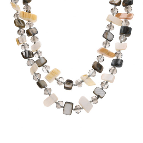 F Collier Sautoir Nacre et Perle de Verre Gris