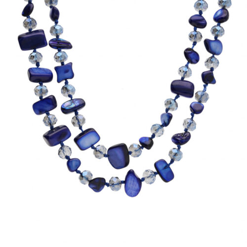 Collier Sautoir Nacre véritable teintée et Perles de Verre facettées Bleu bijouterie pinto jsusey haute-saone